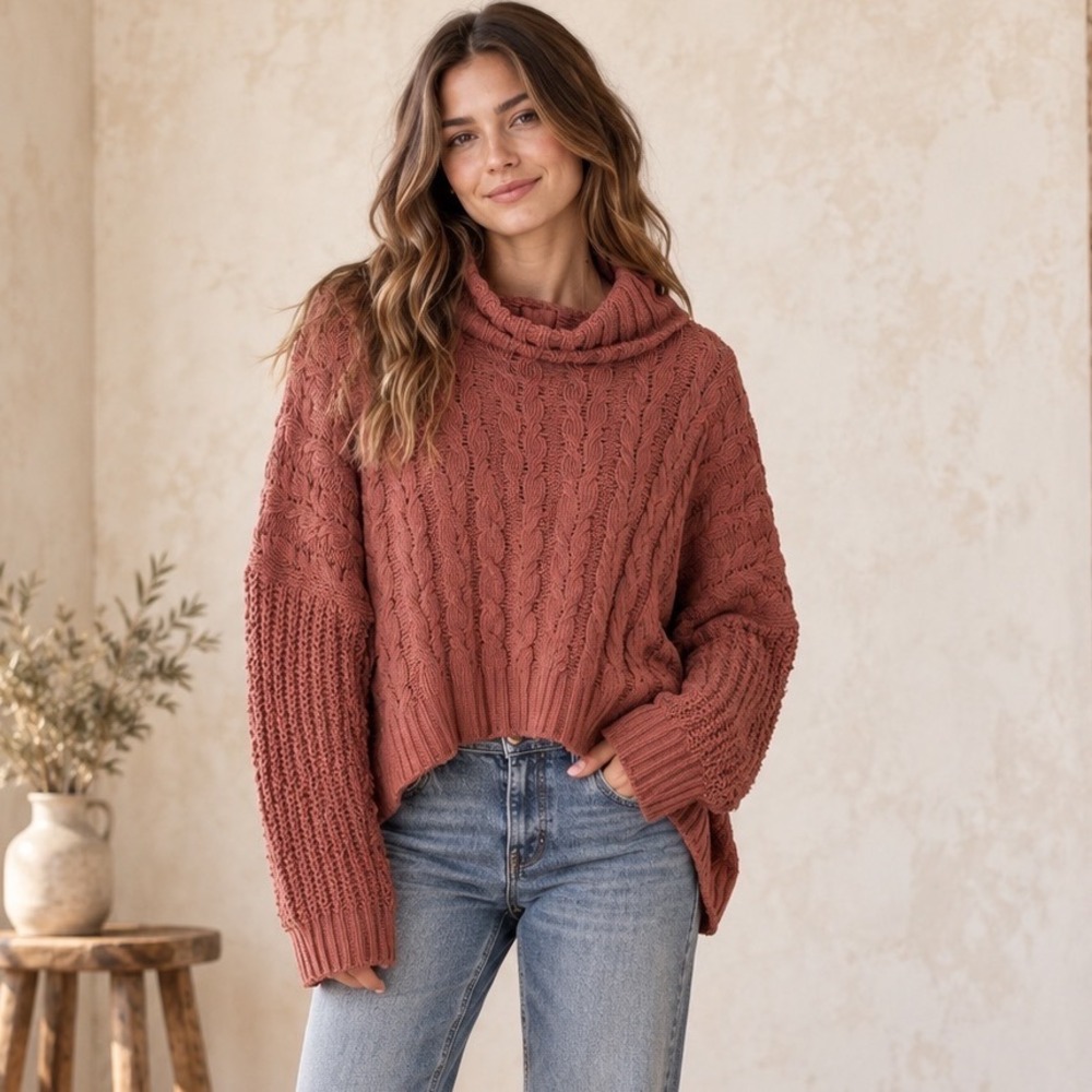 POL Women's Small Rust Chenille Cable Knit Oversized Cowl Neck Sweater